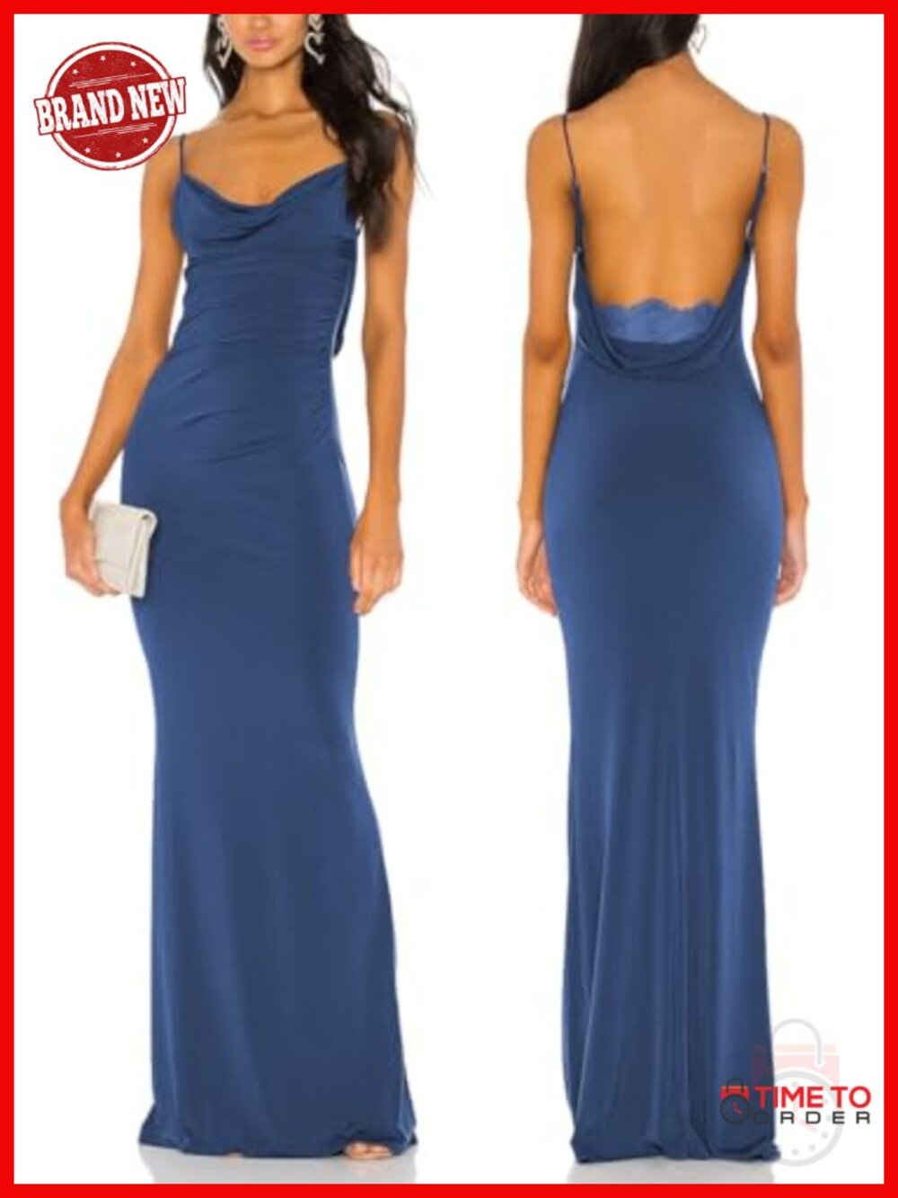 Women Spaghetti Strap Lace Backless Mermaid Maxi Dress Drape Neck Gown